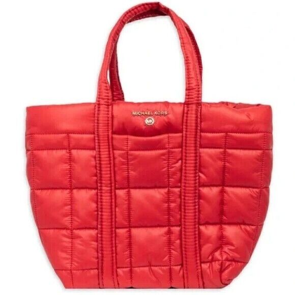 MICHAEL KORS Stirling quilted recycled nylon puffy SMALL tote bag RED bag - Picture 1 of 5